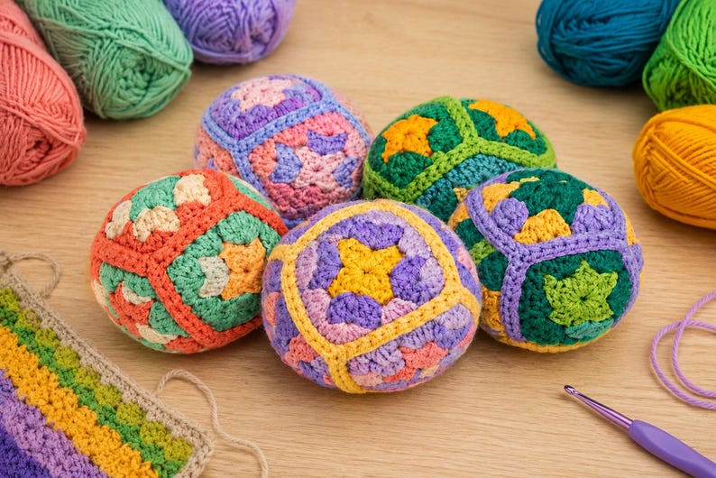 Puede incluir: Una colecci&oacute;n de bolas de ganchillo coloridas en varios tonos de naranja, verde, morado y amarillo. Las bolas est&aacute;n dispuestas sobre una superficie de madera clara, con madejas de hilo en colores a juego. Tambi&eacute;n se ven un ganchillo y una peque&ntilde;a muestra de ganchillo.