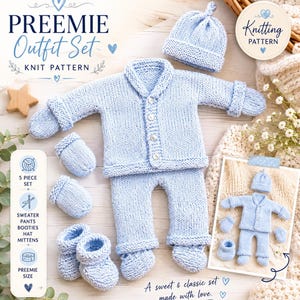 May include: A light blue preemie outfit set, including a sweater, trousers, booties, hat, and mittens. The set is knit and features a button-down cardigan and matching trousers. The image also includes text that says "PREEMIE Outfit Set" and "A sweet & classic set made with love."