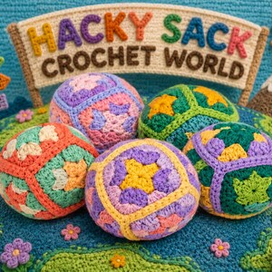 Puede incluir: Una escena de ganchillo colorida con cinco sacos de hacky con patrones geom&eacute;tricos variados. El letrero dice "HACKY SACK CROCHET WORLD". Elementos de ganchillo adicionales: sol, nubes, &aacute;rboles y flores.