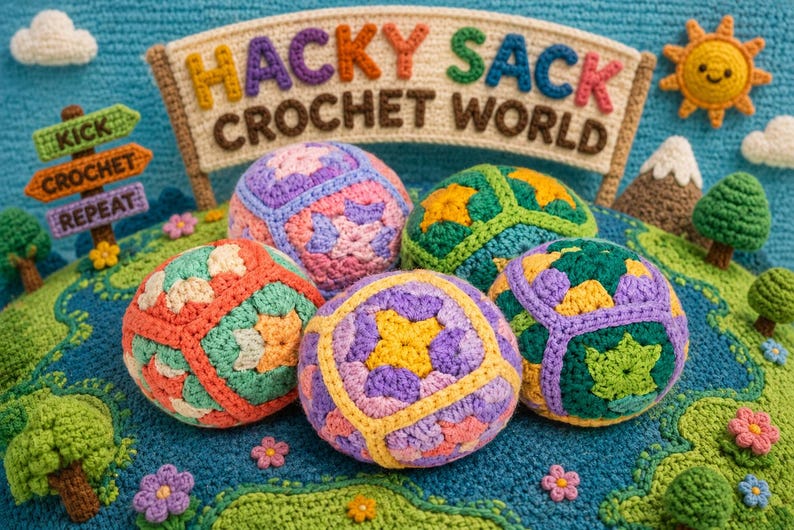 Puede incluir: Una escena de ganchillo colorida con cinco sacos de hacky con patrones geom&eacute;tricos variados. El letrero dice "HACKY SACK CROCHET WORLD". Elementos de ganchillo adicionales: sol, nubes, &aacute;rboles y flores.