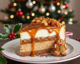 Op de afbeelding: Een stuk gelaagde cheesecake met karamelsaus, gegarneerd met stukjes appel en kruimels, geserveerd op een wit bord met een peperkoeken mannetje. Op de achtergrond een kerstboom met lichtjes.