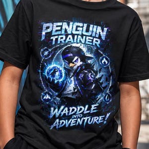 Camiseta infantil "Treinador de Pinguins", estampa "Encare a Aventura" para jovens