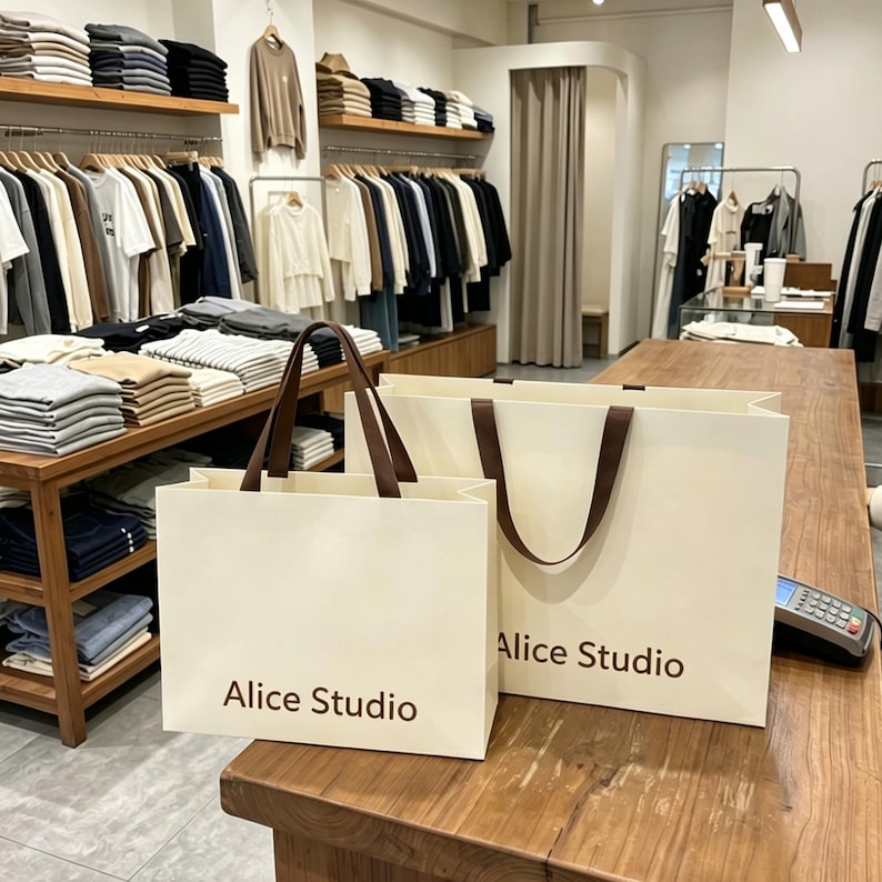 May include: Two cream-colored paper shopping bags with brown handles and the text Alice Studio printed in brown on the front. The bags are positioned on a wooden counter in a retail store with clothing racks and folded garments in the background.