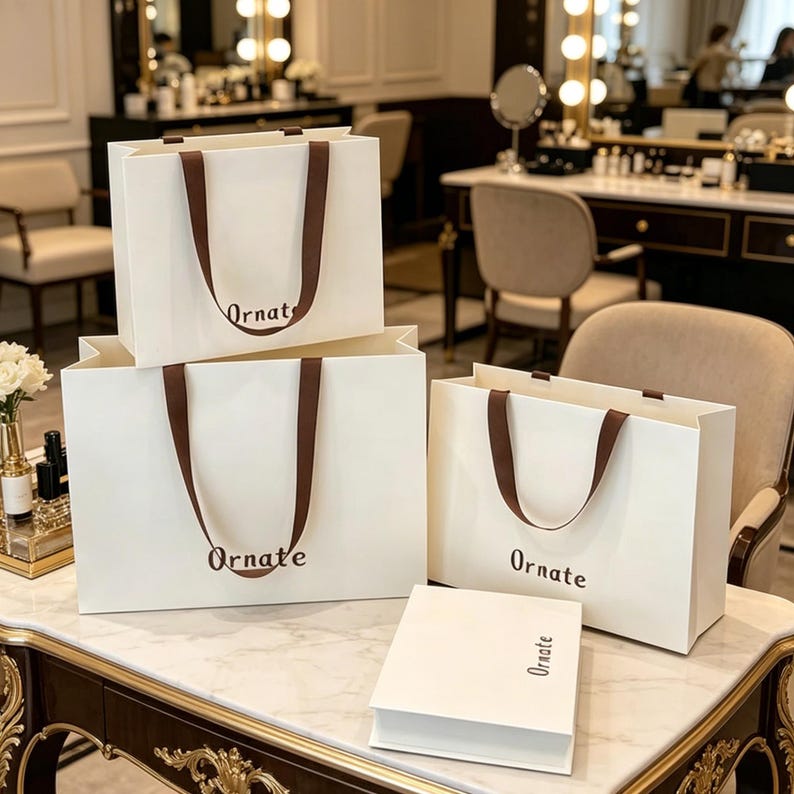 May include: Three off-white shopping bags and one rectangular off-white box. Each item features the word Ornate printed in brown. The bags have brown ribbon handles. The items are arranged on a white marble surface with gold-toned trim.