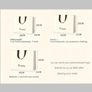 May include: Three off-white paper shopping bags with brown handles and the text Ornate. Dimensions are 28cm by 20cm by 10cm for extra small, 31cm by 25cm by 11cm for small, and 35cm by 26cm by 13cm for medium. Text includes instructions for logos.