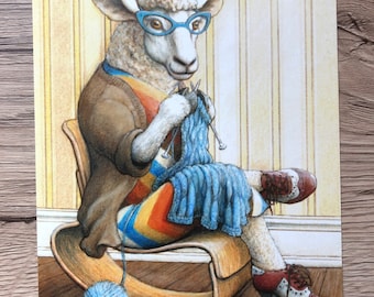 Signed Print, Knitting Sheep Illustration