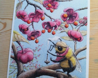 Signed Print, Spindle Berry Bumble Bee Illustration