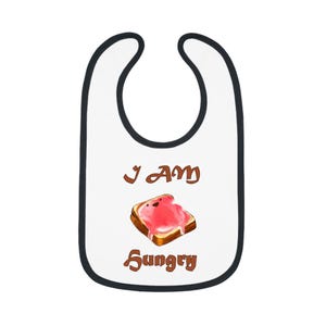 「I AM Hungry」デザインのかわいいベビービブ。新米パパ・ママに最適。ベビーシャワーギフト。幼児の食事タイムに欠かせない、子供用の面白いビブ。