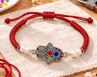 Red String Hamsa Hand Bracelet with Pearl Accents, Adjustable Braided Cord Bracelet