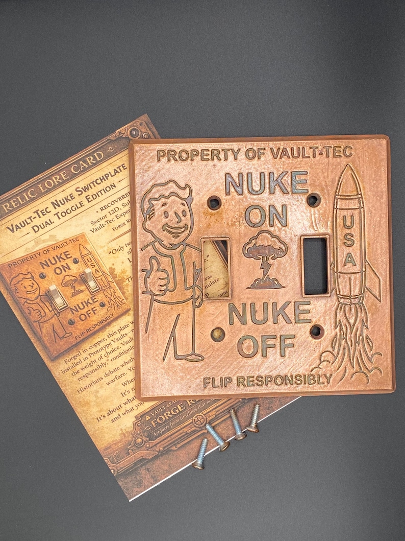 Fallout Light Switch Cover – Single & Double Toggle Options – Vault-Tec Style Wall Plate – Copper-plated. – Gamer Room Decor image 4
