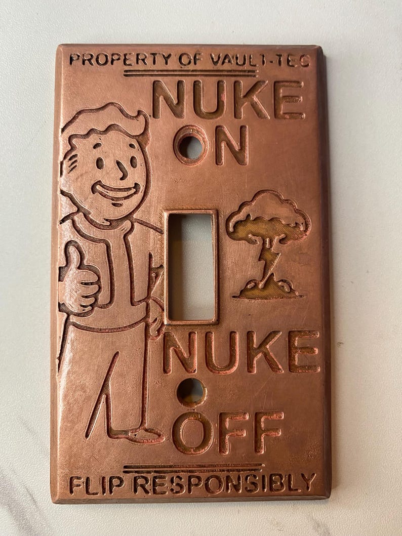 Fallout Light Switch Cover – Single & Double Toggle Options – Vault-Tec Style Wall Plate – Copper-plated. – Gamer Room Decor #5 Single Copr Plate