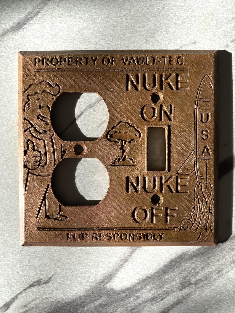 Fallout Light Switch Cover – Single & Double Toggle Options – Vault-Tec Style Wall Plate – Copper-plated. – Gamer Room Decor #9 Plug-Tog Copr Plt