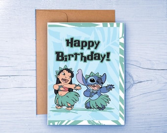 Lilo and Stitch Birthday Card, Hawaiian Hula Theme (Digital Download)