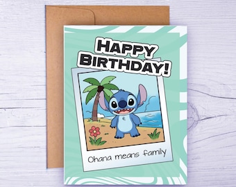 スティッチ バースデーカード、オハナ ハワイアン テーマ（デジタルダウンロード）