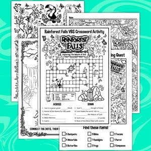 May include: Printable PDF with 5 pages of Rainforest Falls VBS activities. Includes a crossword puzzle, connect-the-dots, and a find-the-items game. Features toucans, butterflies, and waterfalls. Text includes "Instant Download - Unlimited Prints".