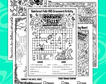 Rainforest Falls VBS Coloring Bundle with Diverse Word Games and Dot-to-Dot (5 Pages) - 8.5x11in.