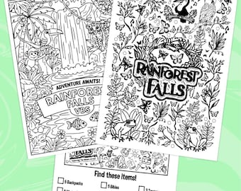 Rainforest Falls VBS Coloring Page Bundle with Animals, Logo and Leaves & Activity - 8.5x11in.