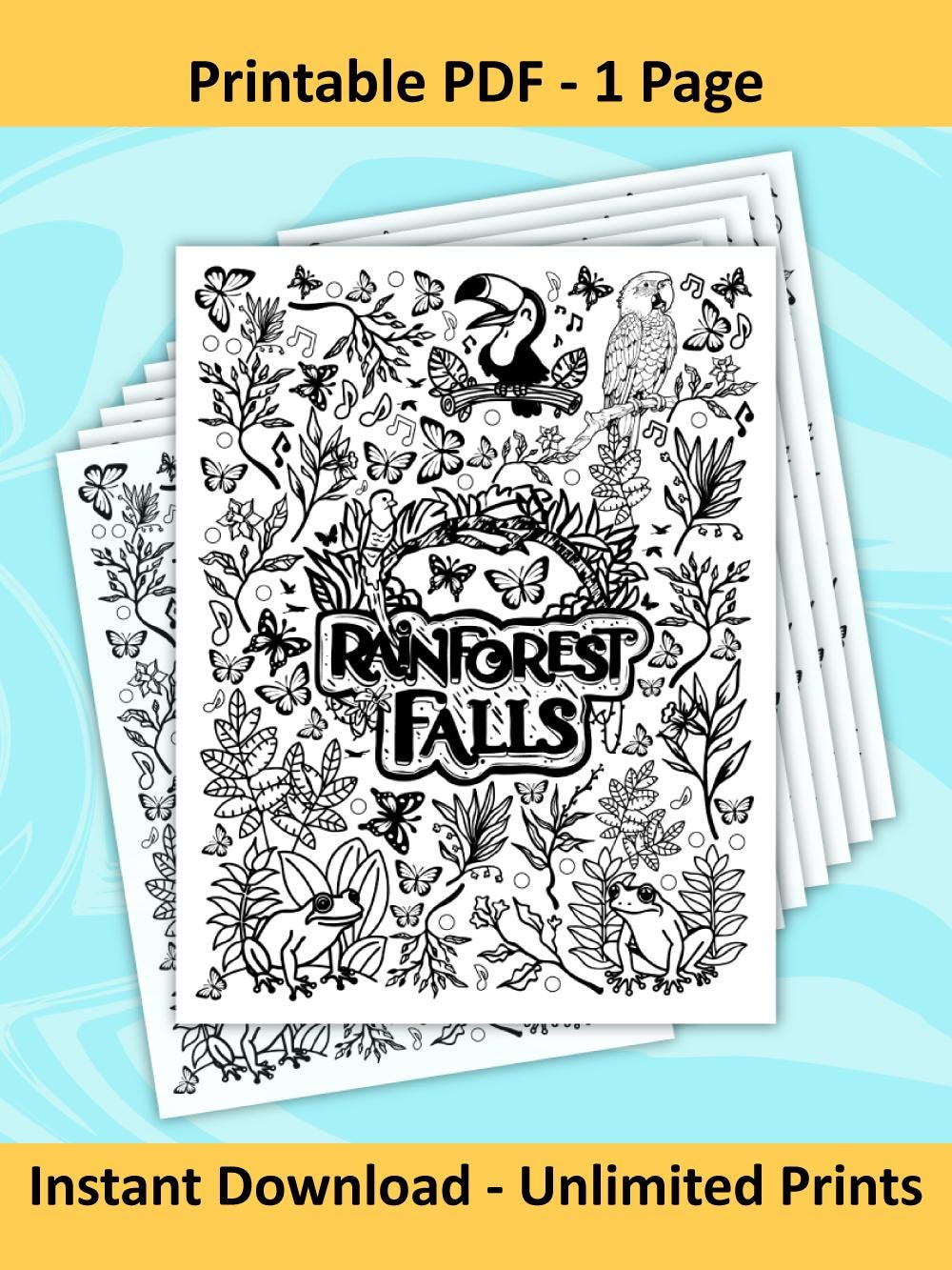 Rainforest Falls VBS Individual Coloring Page With Animals, Logo and