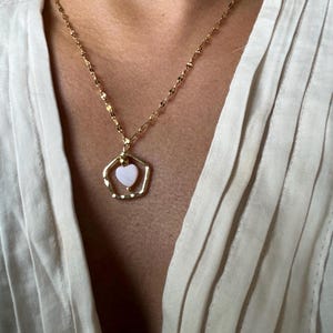 Rose Quartz Heart Necklace – 16” Gold Stainless Steel Abstract Pendant – Dainty Pink Crystal Gift for Her