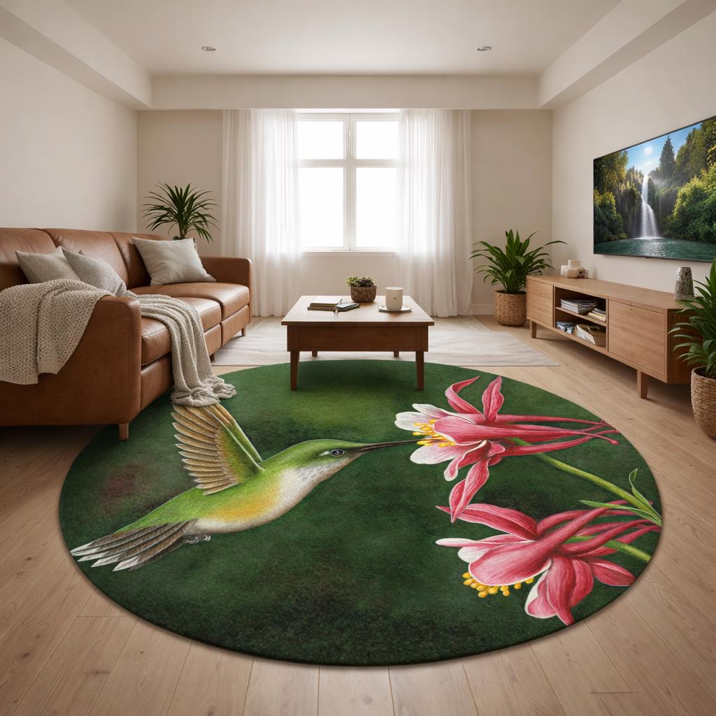 Round Hummingbird Rug Hummingbird Floral Round Rug, Botanical Nature Circle Area Rug for ...