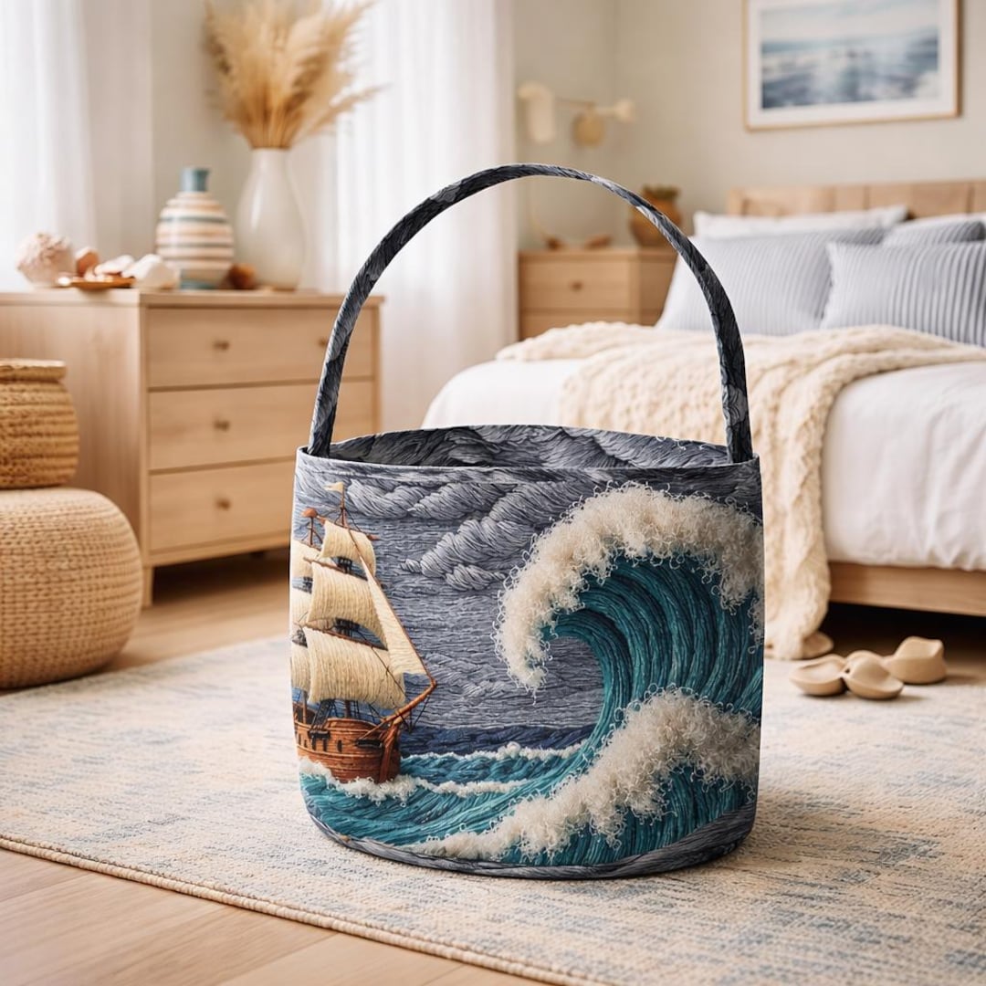 Fabric Storage Basket Faux Yarn Ocean Wave With Sailing Ship Art ...