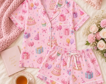 Pink Birthday Pajama Set, Cute Cake Balloon Satin Sleepwear, Party Gift Short PJs, Coquette Loungewear Gift