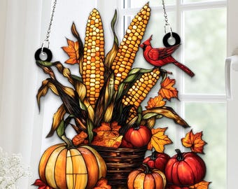 Pumpkin Acrylic Suncatcher, Autumn Pumpkin Faux Stained Glass Window Hanging, Harvest Fall Home Decor, Seasonal Gift for Mom, Autumn Porch D