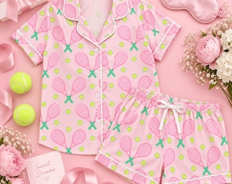 Pink Tennis Pajama Set, Preppy Tennis PJs, Short Sleeve Sleepwear, Racquet Print Pajamas, Women's Lounge Set, Tennis Lover Gift