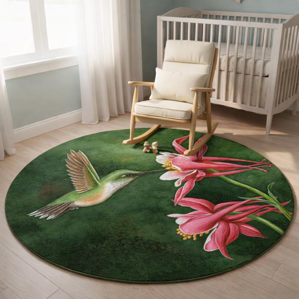 Round Hummingbird Rug Hummingbird Floral Round Rug, Botanical Nature Circle Area Rug for ...