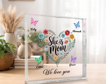She Is Mom Acrylic Photo Block, Personalized Butterfly Mom Gift with Kids Names, Mother's Day Gift for Mom, Sentimental Mom Keepsake