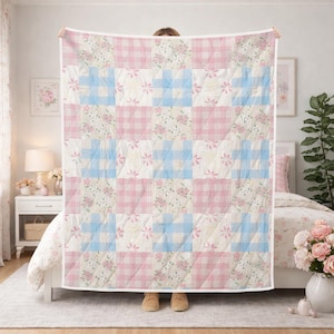 Pastel Gingham Patchwork Quilt Blanket, Pink Blue Floral Cottagecore Throw, Vintage Bow Aesthetic Bedding, Soft Cozy Home Gift