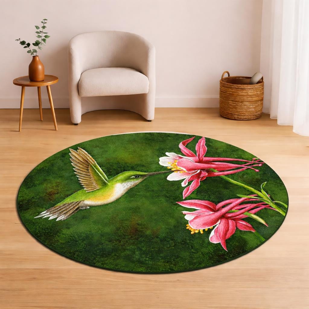 Round Hummingbird Rug Hummingbird Floral Round Rug, Botanical Nature Circle Area Rug for ...