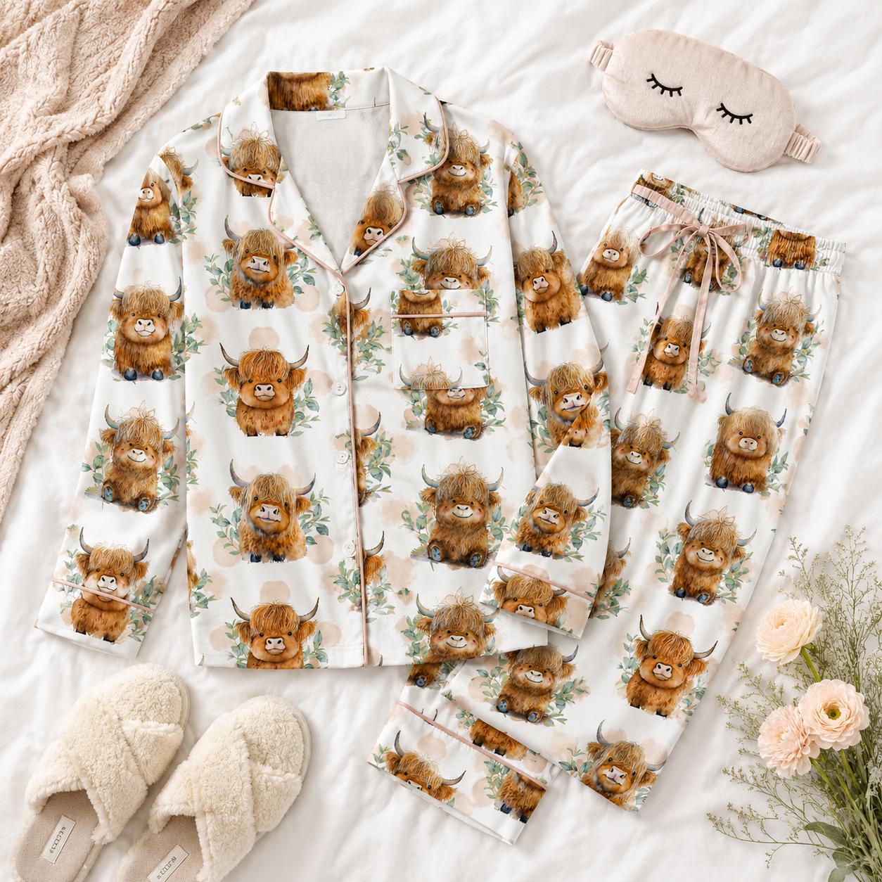 Highland Cow Pajama Set, Cute Cow Satin Sleepwear, Farm Animal PJs, Cozy Western Loungewear Gift For Her