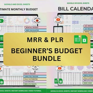 May include: A digital product bundle for beginner budgeting, featuring Google and Excel Sheets. The image displays four laptop screens showcasing budget templates, including an ultimate monthly budget and a bill calendar. The bundle includes video tutorials and free gifts.