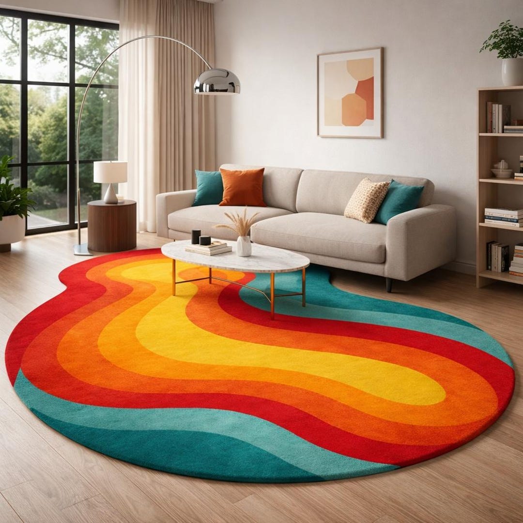 Retro Abstract Wave Wool Rug, 70s Groovy Living Room Carpet - Etsy