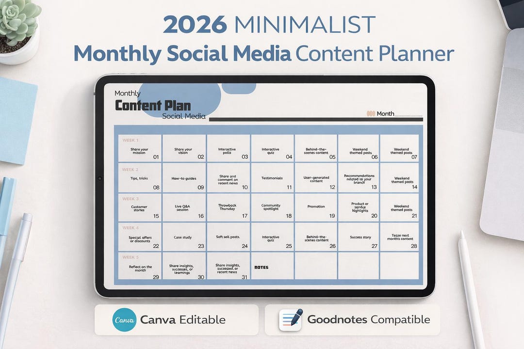 2026 Social Media Content Calendar | Minimalist Monthly Planner | Canva ...