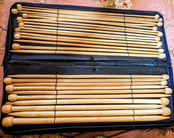 SET-Bamboo Knitting Needles Single Point 14 Pairs Various Sizes 3mm to 12 mm in Quilted Cloth Zippered Case- VINTAGE SET Some Takumi Clover