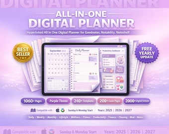 All-in-One Digital Planner 2026-2027, Undated hyperlinks, iPad Android Template, Weekly, Monthly (Digital Download)
