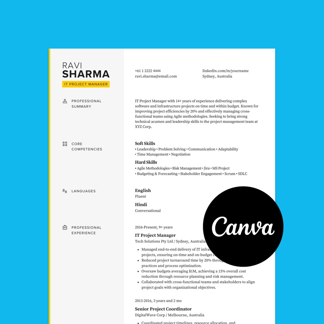IT Project Manager Resume Template – Canva CV, Cover Letter (A4 & US ...