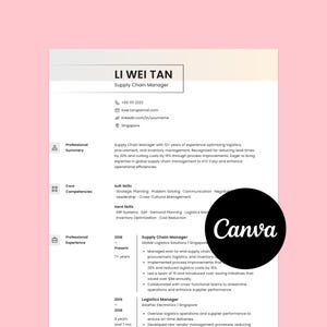 Könnte beinhalten: Eine Lebenslaufvorlage mit dem Namen "LI WEI TAN" und dem Titel "Supply Chain Manager" oben. Der Lebenslauf enthält Abschnitte für die berufliche Zusammenfassung, Kernkompetenzen und Berufserfahrung. Ein schwarzer Kreis mit dem Wort "Canva" befindet sich in der unteren rechten Ecke.