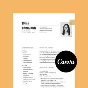 Plantilla de currículum profesional para profesor de inglés como segundo idioma (ESL) con foto: CV Canva de 2 páginas + carta de presentación + referencias / A4 y carta EE. UU.