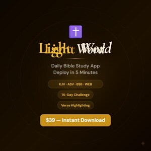 Op de afbeelding: Een donkerbruine digitale interface voor een dagelijkse Bijbelstudie-app genaamd Light World. Het bevat een paars icoon met een wit kruis, tekst met de versies KJV, ASV, BSB, WEB, een 75-daagse uitdaging en de optie voor vers-markering.