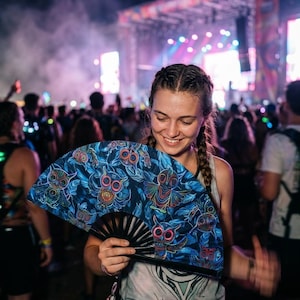 May include: A handheld folding fan featuring a dark blue fabric canopy decorated with a repeating pattern of stylized owls in vibrant neon colors including pink, orange, and green, attached to a black plastic frame with visible ribs.