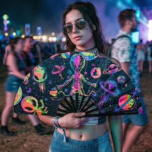 May include: A handheld folding fan featuring a black background with a vibrant, neon-colored graphic print of aliens, planets, and celestial bodies. The fan has black ribs and a wide, semi-circular shape when fully opened for display.