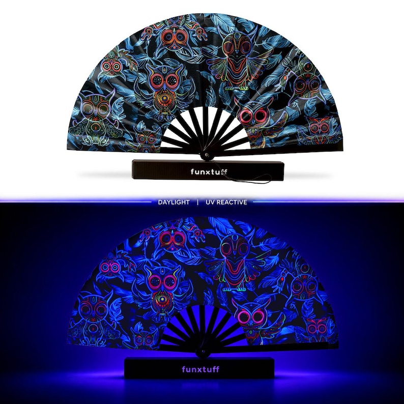May include: A folding hand fan with a black frame and a fabric canopy featuring a repeating pattern of owls in neon colors against a dark background. The base of the fan is labeled with the text funxtuff. The design is shown in daylight and under UV light.