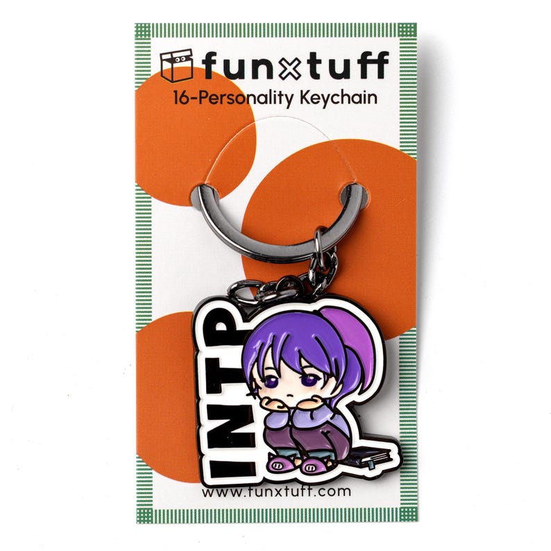 May include: An INTP personality enamel keychain featuring a purple-haired character sitting with a book. The keychain is attached to a white display card with orange circles, the text funxtuff, 16-Personality Keychain, and www.funxtuff.com.