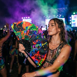 May include: A folding hand fan featuring a vibrant, psychedelic graphic print of cat faces in neon shades of green, orange, and blue against a black background, with a black frame and a wrist strap, held in an outdoor festival setting.