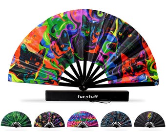Rave Fan with Wrist Strap | UV Reactive EDM Festival Fan | EDC Trance Techno House Raver Gift | Blacklight Glow