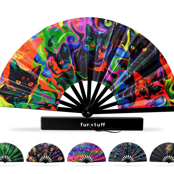 Rave Fan with Wrist Strap | UV Reactive EDM Festival Fan | EDC Trance Techno House Raver Gift | Blacklight Glow