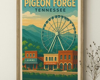 Pigeon Forge Vintage Travel Poster: Smoky Mountains Ferris Wheel Art (Digital Download 24x36" )